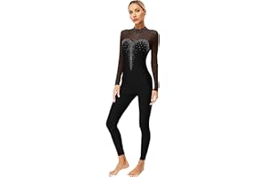 FEESHOW Women's Sparkly Rhinestone Gymnastics Unitard Long Sleeve Sheer Mesh Ice Skating Jumpsuit