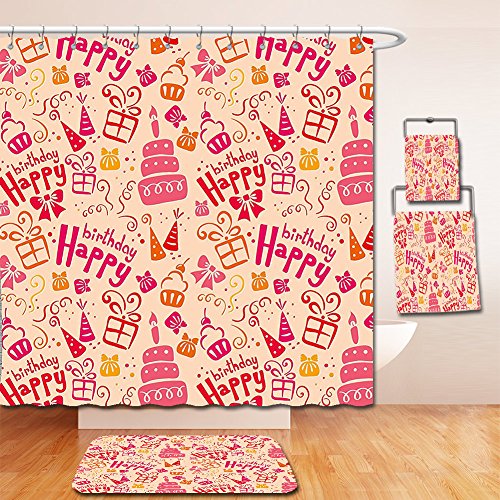 Nalahome Bath Suit: Showercurtain Bathrug Bathtowel Handtowel Birthday Decorations Kids Present Party Themed Cakes Cone Hats Swirls Art Pink Orange and Hot Pink