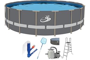 SUNNEDAY Bluebay 18 ft, 52 inch Pool | SoftSided Pool Grey/Tan Tubing | Heavy-Gauge PVC Reinforced with Polyester | Heavy-Duty Metal Frame | Frame Ladder Matching Pool Cover, EZ Clean 100 Filter by Aqualoon