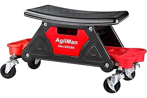AgiiMan Mechanic Stool - Detailing Garage Rolling Stool with Wheels, Automotive Roller Creeper Seat Chair Repair Tools Tray, 2 Tool Storage Drawers Under Seat, 300 Lbs Capacity