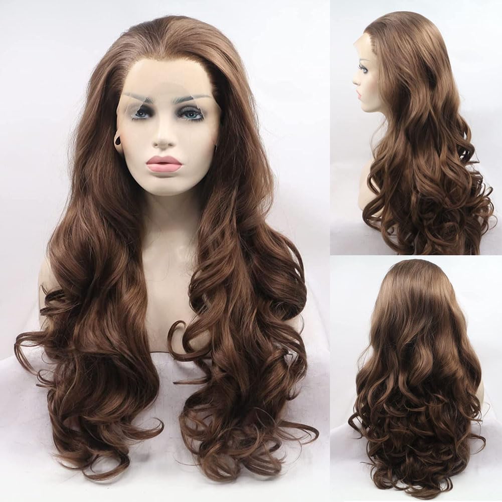 AFBeauty Brown Lace Front Wig for Women Long Body Wavy Natural Brown Middle Part Glueless Wig Heat Resistant Fiber Synthetic Hair Daily Wear — image 1