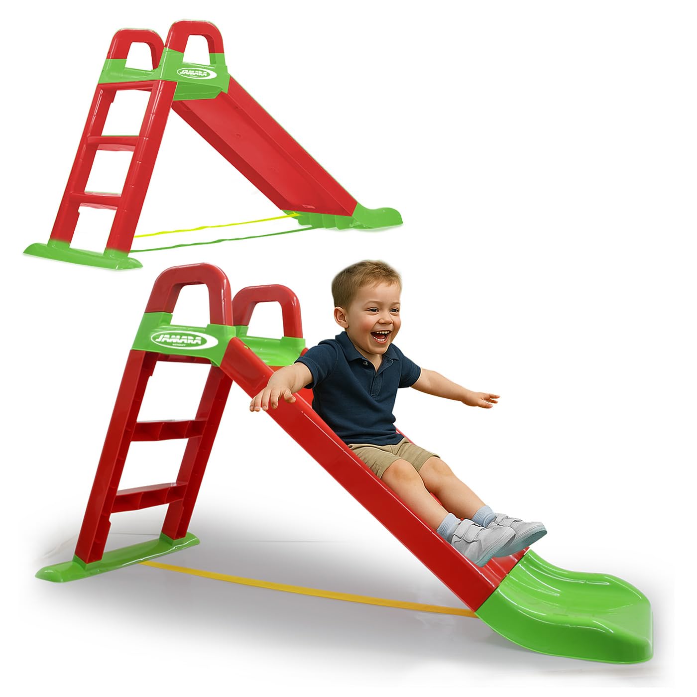 Jamara 460501 Funny Slide Red Robust Plastic Slide for Gentle Landings Wide Steps and Safety Handles Stabilising Rope
