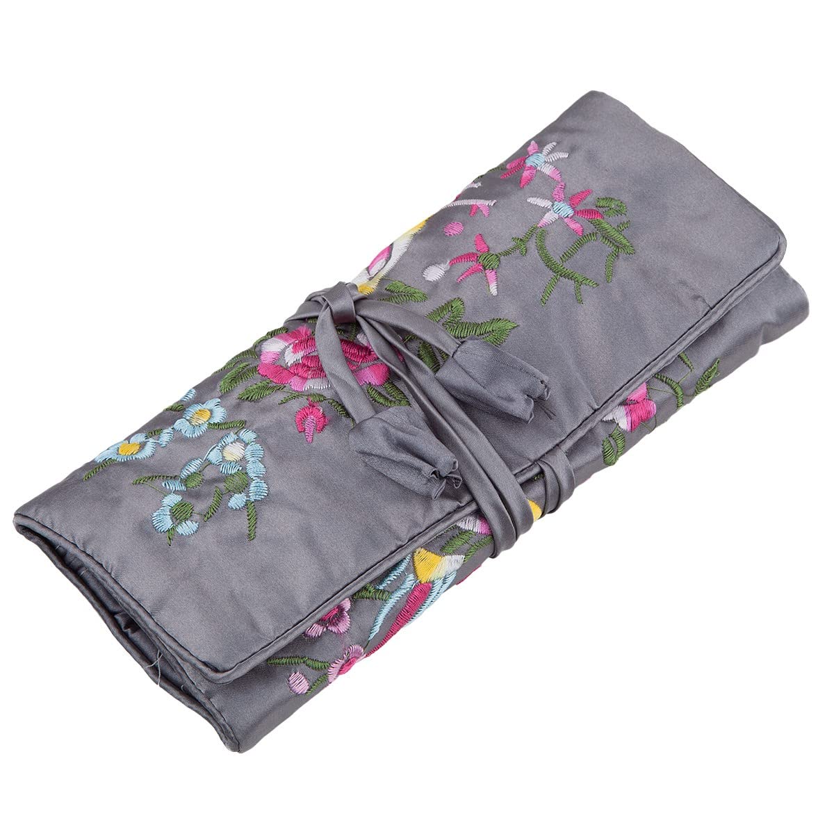 KYEYGWO Chinese Embroidery Travel Jewelry Roll with Flowers and Bird Embroidery, Jewelry Organizer Portable Hand Roll Bag Jewelry Bag for Necklace Ring Bracelet Storage, Grey