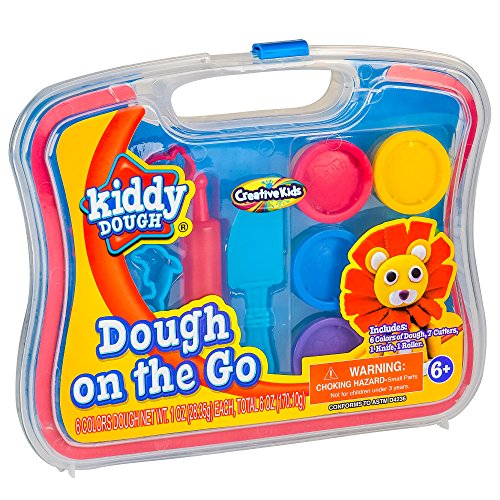 KIDDY DOUGH On The Go - Starter Set with Modeling Tools - Includes 6 Colors of Dough, 7 Cutters, 1 Knife, 1 Rolling Pin & Travel Carrying Case for Endless Design Possibilities - Ages 6+