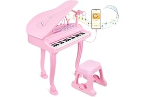 BAOLI Kids Piano Keyboard Toys 37 Keys,Grand Piano for Beginners,3 4 5 6 Years Old Toddler Girl Boy Gift,Educational Musical Instrument,w/Microphone,Stool,Piano Lid,Lights,Note Stickers,Enamel Finish- Pink