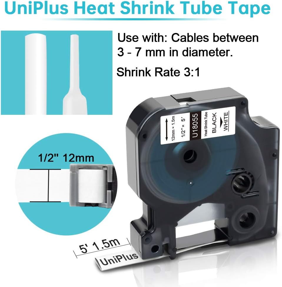 UniPlus Compatible Industrial Label Replacement for Rhino Heat Shrink Tube Printable 18055 S0718300 Black on White 12mm x 1.5m for Rhino Pro Industrial 5200 4200 5000 1000 3000 6000, 3-Pack - Image 3