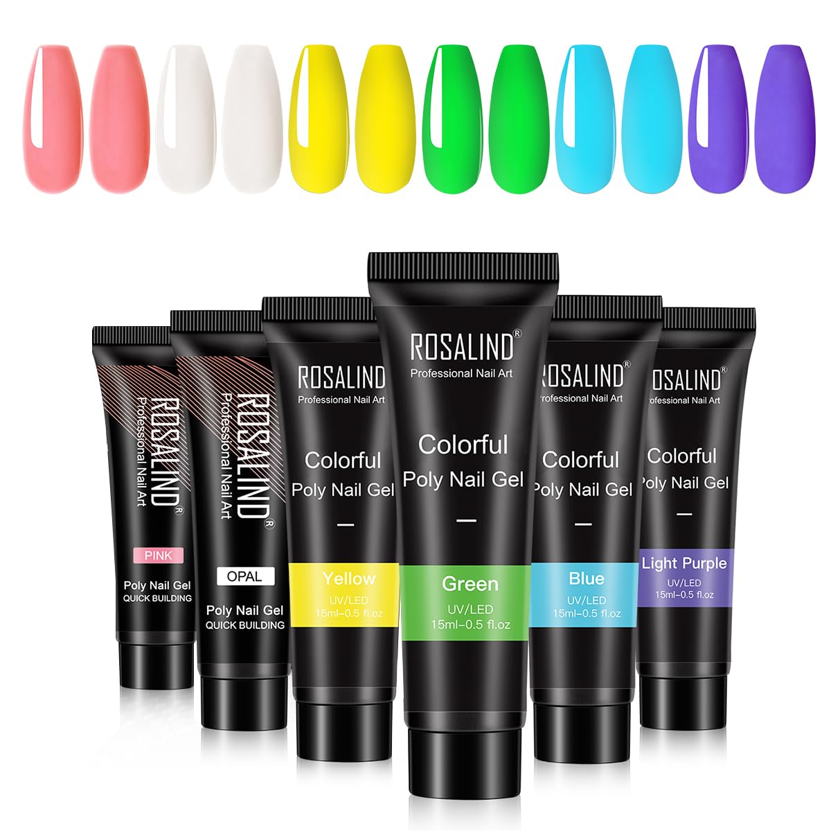 ROSALIND Neon Poly Nail Gel Kit 6 Colors 15ml Green Yellow Blue White Pink and Purple Nail Builder Gel Extension Tubes Set for Women DIY Manicure at Home (Candy Colours)