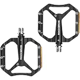 ROCKBROS Mountain Bike Pedals, Aluminum Flat Pedals 9/16 Inch | 276g aluminum pedals with Cr-Mo axles, 330 lb load, sealed bearings, 7 pins per side, reflectors and 102 x 118mm platforms.