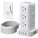 Tower Power Bars with Surge Protector（USB-C）, Surge Protector Power Bar with 12 Widely Outlets and 4 USB, 10FT Thin Extension