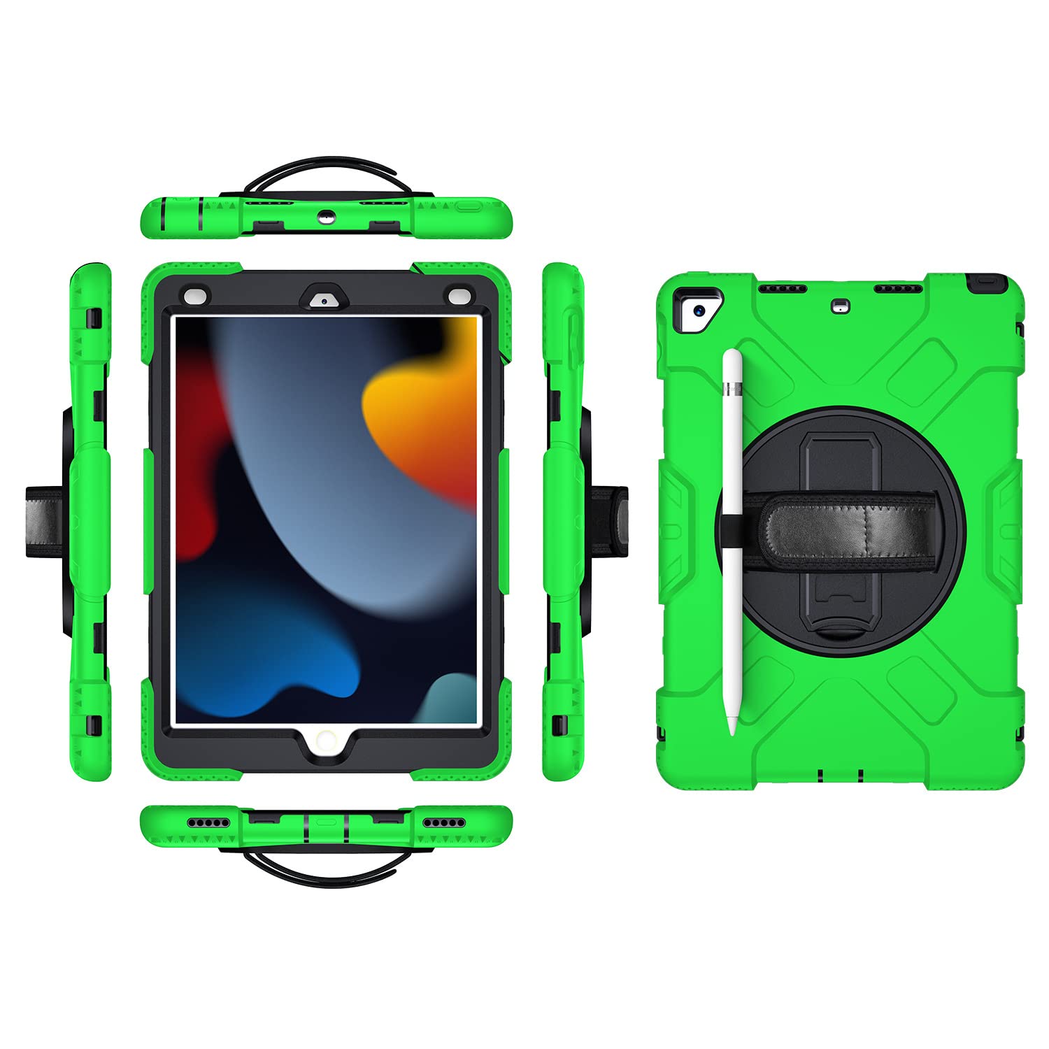 iPad air4 10.9 2020/air5 10.9 2022 Generation Case with Screen Protector Pencil Holder Kickstand 360° Rotating Wrist Strap Wrist Strap Kickstand Robust Protective Case (Grass Green)