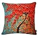 JINBEILE Oil Painting 18x18 Inch Cotton Linen Throw Pillow Cover Decorative Cushion Case Home Pillowcase with 3D Red Flower and Tree