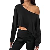 SOFIA'S CHOICE Women's Sexy Off Shoulder Long Sleeve Crop Tops Boat Neck Loose Asymmetrical Top