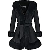 GRAN ORIENTE Suede Jacket for Women with Faux Fur Collar,Long Sleeve Warm Winter Parka Coat with Belt Outerwear