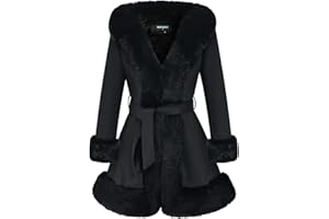 GRAN ORIENTE Suede Jacket for Women with Faux Fur Collar,Long Sleeve Warm Winter Parka Coat with Belt Outerwear