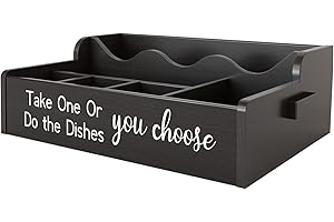 Karisky Paper Plate Dispenser for Countertop, Solid Wood Silverware Utensil Caddy Holder for Party, 6 Compartments Cutlery Fl