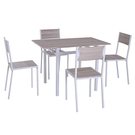 Homcom 5 Piece Expanding Drop Leaf Dining Table And Chairs Set Light Grey White