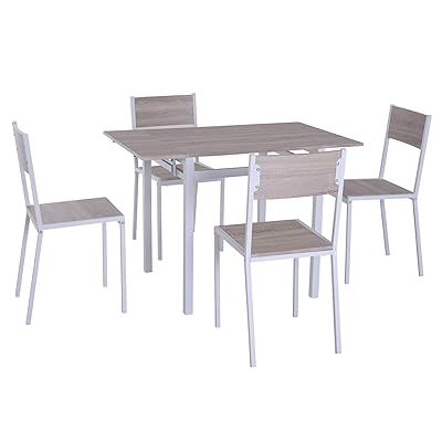 HOMCOM 5-Piece Expanding Drop Leaf Dining Set, Light Grey