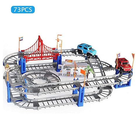 MOGOI Electric Train Railway Track Set,Kids Assembling Toy Double Layers Electric Urban Track Car Play Vehicles,Toy Train Set for Festival Birthday Christmas Gifts,73PCS,Grey