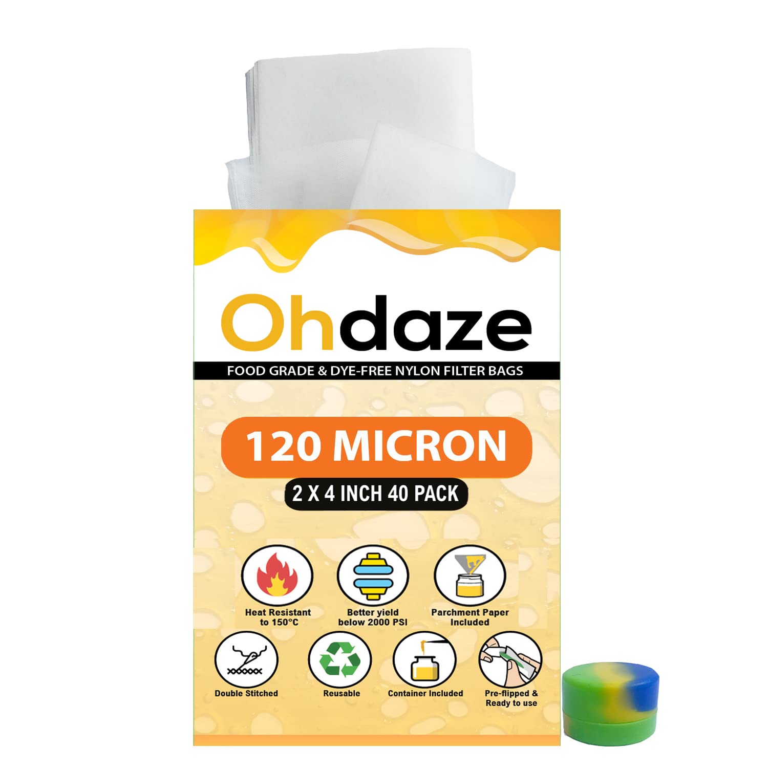 Ohdaze Rosin Press Bags 2x4 inch 40 Pack 120 Micron Press Bags 3 x Parchment Papers 1 x Wax Container Double-Stitch Nylon Filter Press Bags for Heat Press