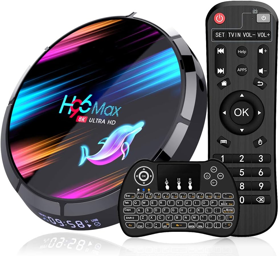 H96 MAX Android 9.0 TV Box, 4G RAM + 32G ROM S905X3 Quad-Core 64bit Cortex-A53 Wi-Fi-Dual 5G / 2.4G BT 4.0 8K UHD H.265 USB 3.0 with Mini Keyboard Wireless with Touchpad Smart TV Box