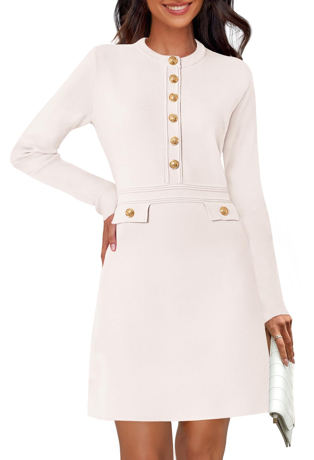 Photo 1 of MEROKEETY Women's Fall 2025 Long Sleeve Bodycon Sweater Dress Button Crew Neck Winter Formal Mini Dresses, Ivory, Small