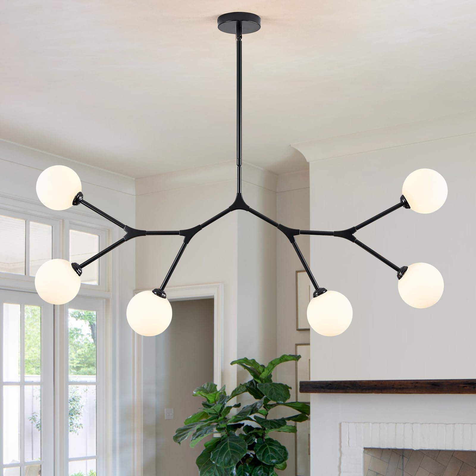 Photo 1 of ***(MISSING GLOBE)***Sparklelf 6 Lights Sputnik Chandelier for Dining Room L45’’ Black Modern Pendant Light Fixture with Milk Glass Shade Large Mid Century Chandeliers for Kitchen Island Living Room Foyer