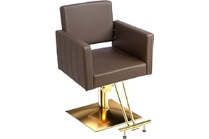 mefeir Brown and Gold Barber Chair Hair Salon Chair with Heavy Duty Hydraulic Pump, Square Base, Stainless Steel Footrest,Styling Chair for Beauty Spa Hairdressing Braiding