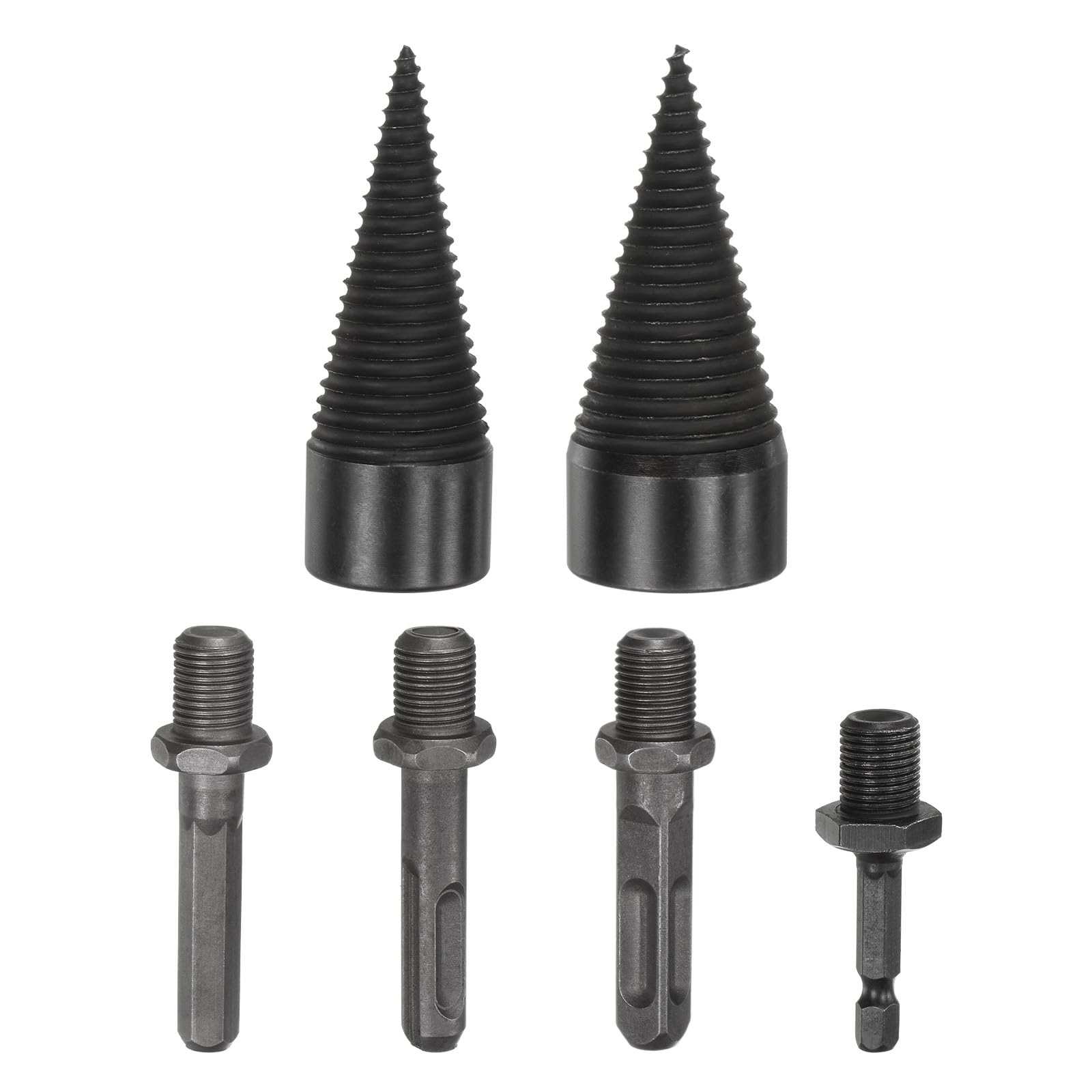 M METERXITY 2-Pack Wood Splitter Drill Bit 32mm + 38mm + 4 Handles (Square + Round + Hex Shank + Small Hex) Firewood Log Splitter Drill Bit for Family/Outdoor/Stove/Farm [Black+Grey]