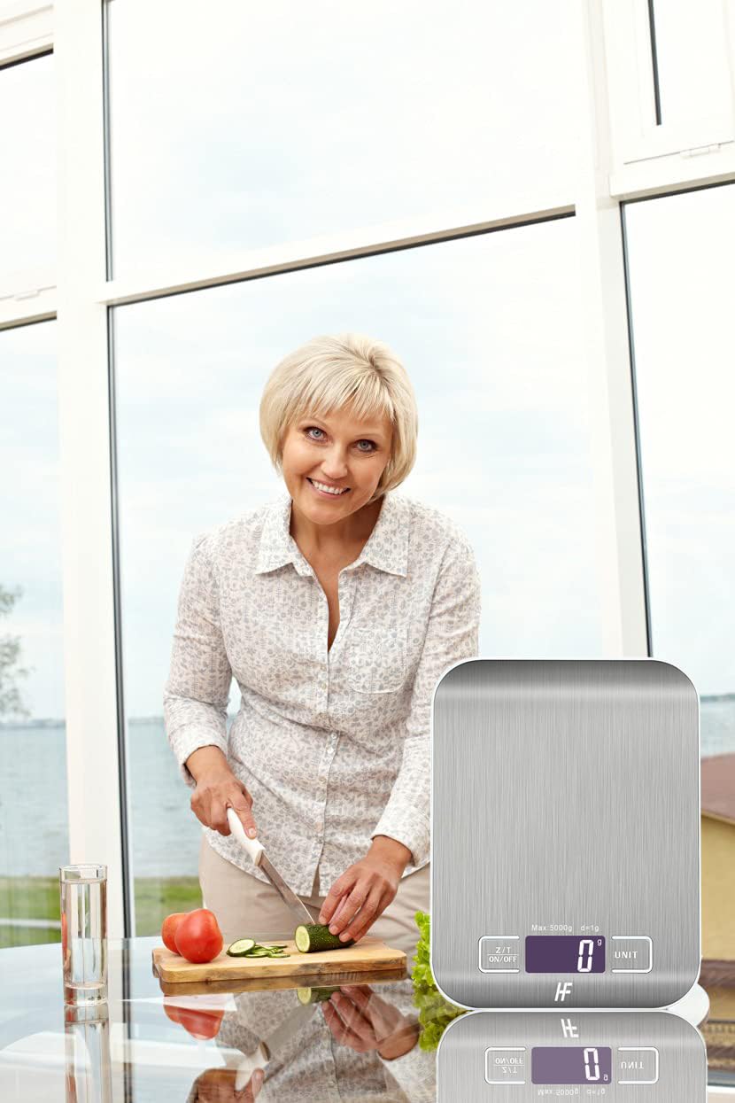 HomeFashion Kitchen Scales Stainless Steel High Precision 5 kg 1g Digital Scales with LCD Display, Tare Function, 6 Units of Measure, Batteries Included