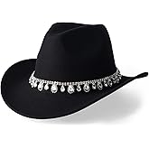 EOGIMI Glitter Rhinestones Cowboy Hats for Women Wide Brim Felt Western Cowgirl Hat with Bling Diamond Band
