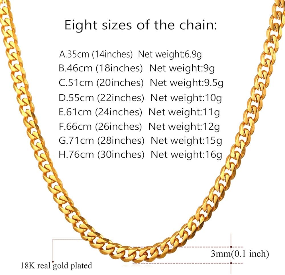 U7 Solid Gold Curb Link Necklace 18K Gold Plated Stainless Steel Minimalist Rapper Jewelry 3mm Cuban Chain 22 Inch | 