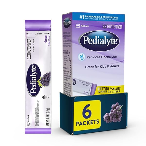 PEDIALYTE ELECTROLYTE POWDER PACKETS, GRAPE, HYDRATION DRINK, 6 SINGLE-SERVING POWDER PACKETS
