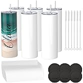 Sublimation Tumblers 20 oz Blank Bulk Cups Straight Skinny Stainless Steel Double Wall Vacuum Insulated with Lids and Straws for Tumbler Heat Press White DIY gifts 6 Pack (20OZ-6PCS, 6, Count)