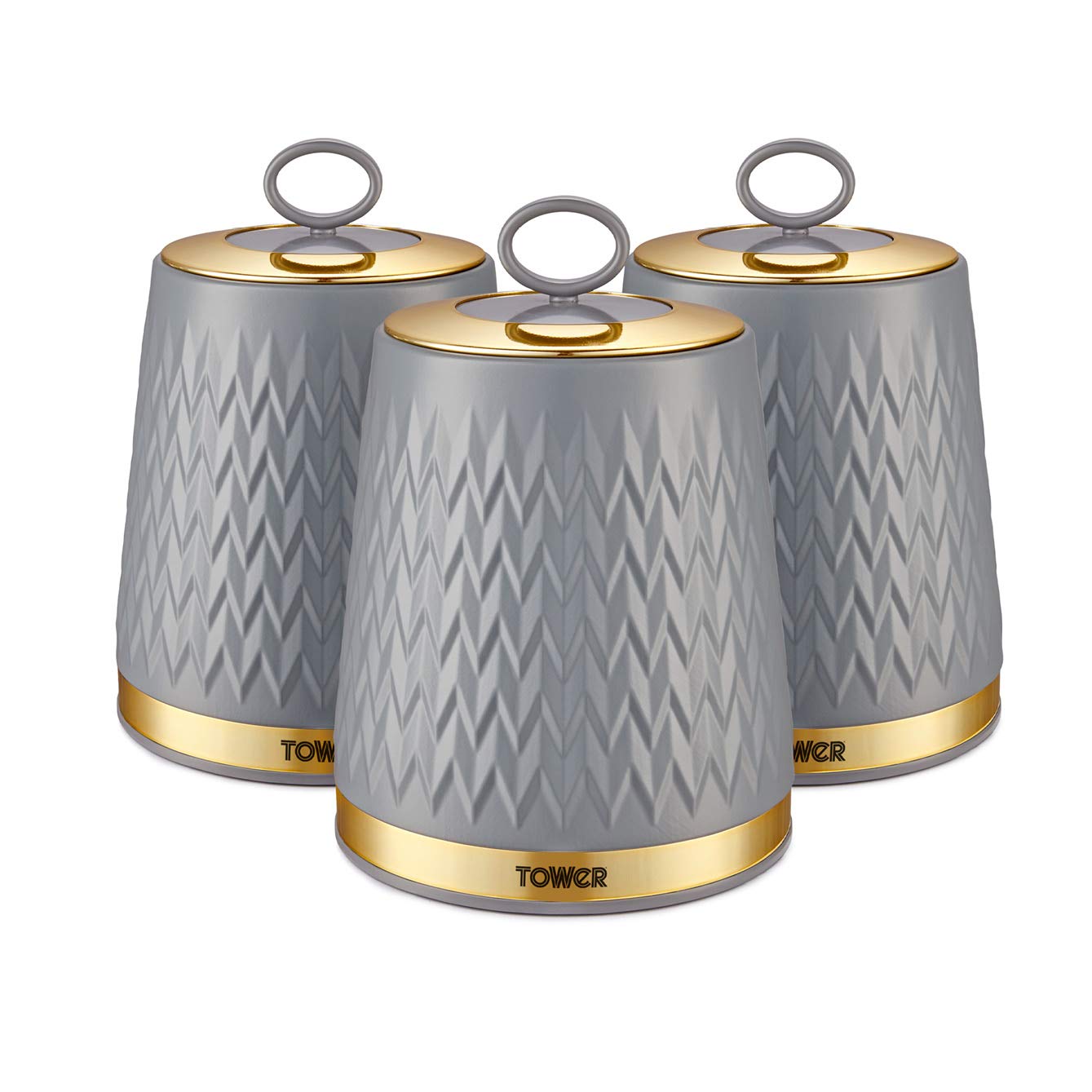Tower Empire Set of 3 Storage Canisters for Tea Coffee Sugar, Grey and Brass, 1.3L, One Size