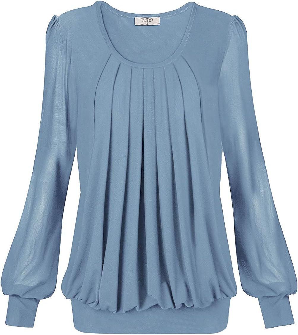 Women's Long Sleeve Scoop Neck Pleated Front Fitted Blouse Tops