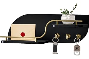Karisky Key Holder for Wall, Decorative Key and Mail Organizer with 3 Metal Hooks and 2 Shelves, Wood Wall Mounted Key Rack for Entryway, Black