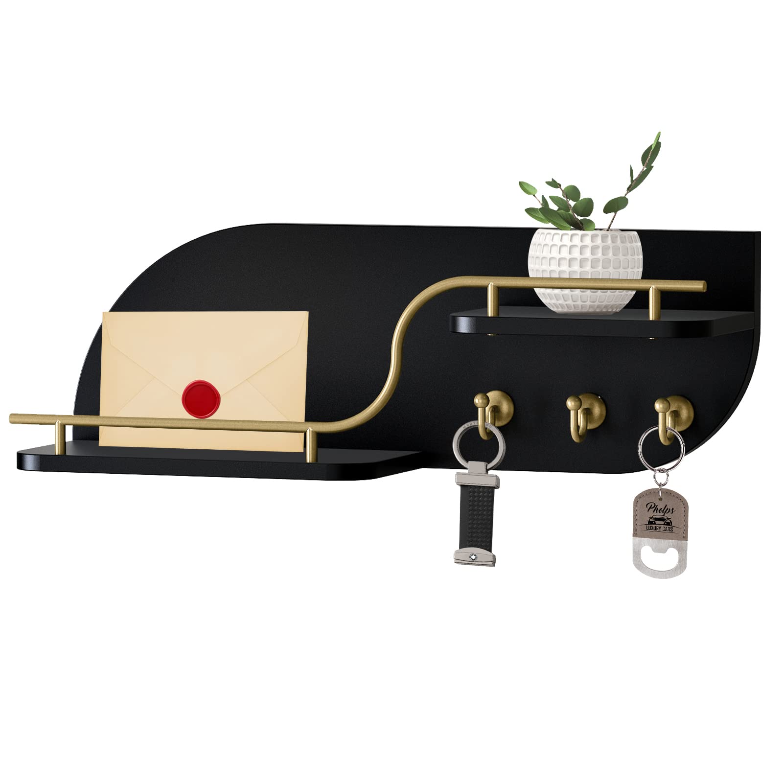 Karisky Key Holder for Wall, Decorative Key and Mail Holder with Shelf, Wall Mounted Mail Organizer and Key Racks, Farmhouse Wall Shelf with 3 Hooks for Home Entryway Decor
