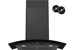 FIREGAS Range Hood 30 inch, 600 CFM Wall Mount Glass Kitchen Hood Ducted/Ductless Convertible with 3-Speed Fan, Screen Control, Time Setting, LED Lights, Black Painted Stainless Steel Vent Hood