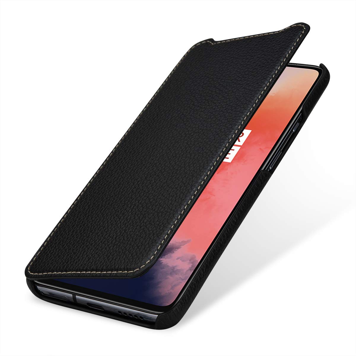 StilGut Book Type Flip Case for OnePlus 7T, Genuine Leather OnePlus 7T Case, Black — image 1