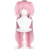 Half and Half Mado-ka Cosplay Wig 37.4'' Long Pink Anime Ponytail Wig with Bangs Dark Pink Twin Tails Pigtails Wigs for Women Halloween Party Costumes