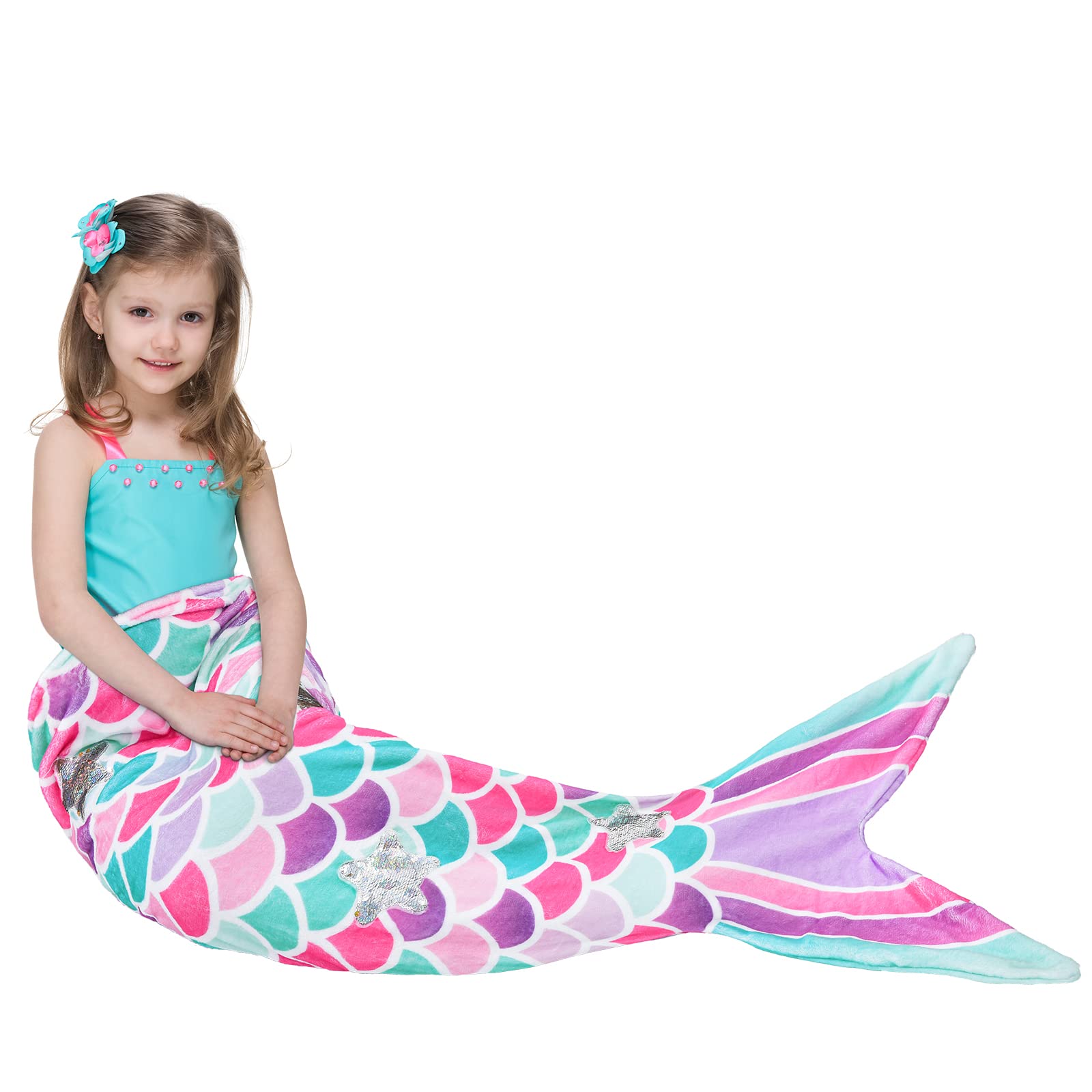 WERNNSAI Mermaid Tail Blanket - Plush Mermaid Wearable Blanket for Girls Kids 110 x 40cm All Seasons Soft Flannel Snuggle Pink Blanket Mermaid Scale Sleeping Bag (Sequins, Kids)