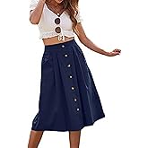 ZOYEESHINE Midi Skirts for Womens High Elastic Waist Pleated A Line Midi Skirt Casual Button Front Flared Skirts with Pockets