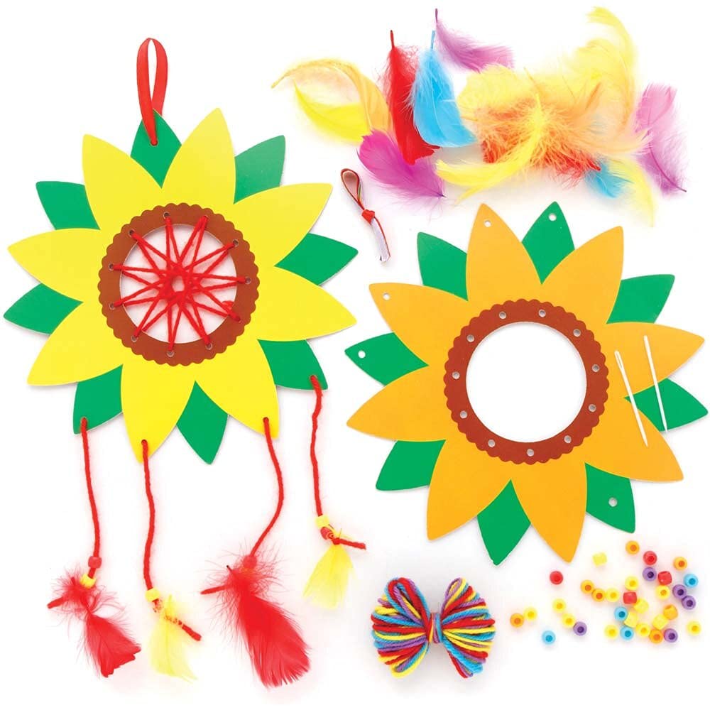 Baker Ross FE197 Sunflower Dreamcatcher Kits - Pack of 4, Make Your Own Dream Catcher, Craft Set for Children to Decorate and Display