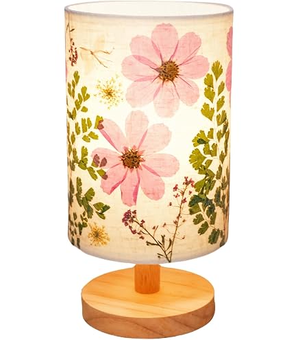NFMILI Bedside Lamp – Brain Flowers Print Fabric Shade, Wood Base, USB Port & Button Control, Warm LED (No Bulb Needed) For Bedroom, Living Room, Office