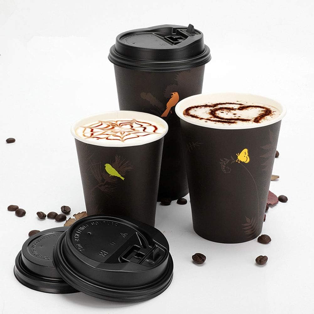 OURhome [100 Pack] 12 Oz Disposable Paper Coffee Cups with Lids Hot Coffee, Tea, Cocoa Party Use, Leak-Resistant Drinkware - Recyclable, Eco-Friendly