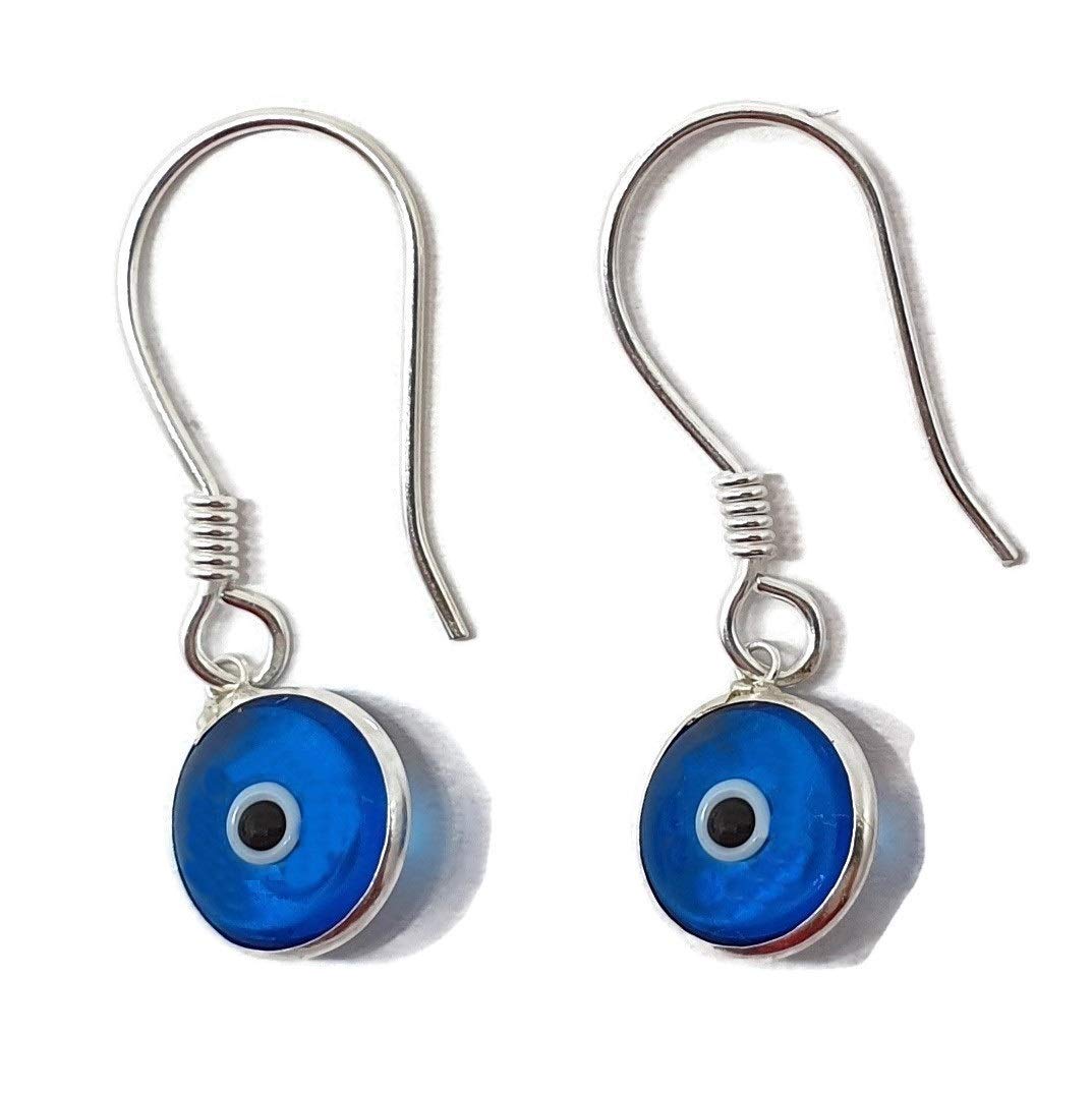 Mystic Jewels 925 Sterling Silver Drop Earrings - Round Turkish Eye for Good Luck (Light Blue)