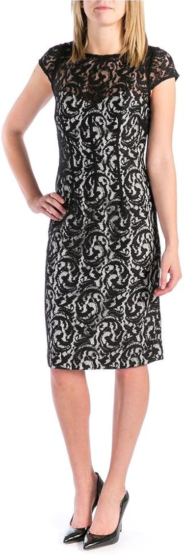 Monique Lhuillier ML, Cap Sleeve Lace Overlay Cocktail Dress, Black/White  (0) at Amazon Women's Clothing store