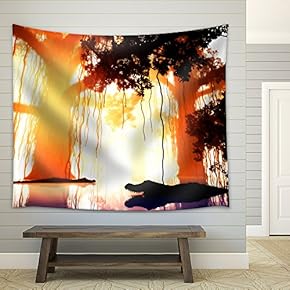 Aligators in Mysterious Fairy Tale Fantasy Deep Jungle in Water at Night 3D Illustration - Fabric Wall Tapestry Home Decor - 51x60 inches