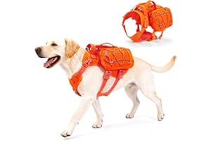 AOKOWN Dog Harness for Large Dogs, No Pull Service Dog Vest with Handle & Hook, Adjustable Dog Backpack with Side Pockets for Hiking Walking Training Running, Orange, L