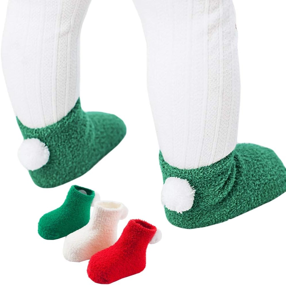 Xiang Ru Pack of 3 Thick Warm Baby Solid Color Coral Pompoms Newborn Socks for 0-3 Years Boys and Girls Christmas S